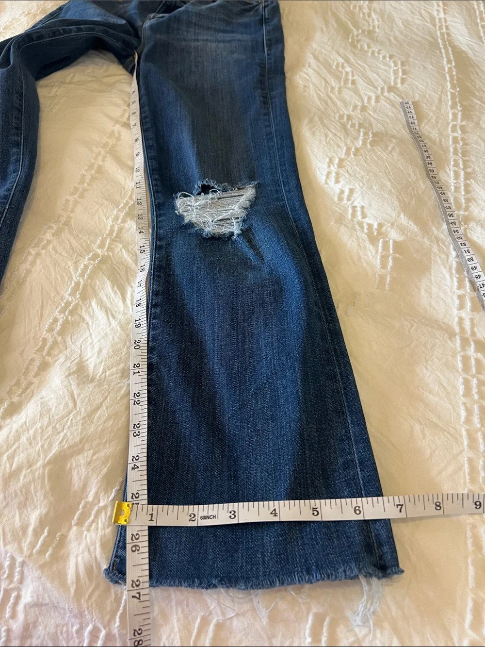 Frame Denim Jeans Le High Straight-Leg Knee Distress Blue 26 Ankle Fray Hem